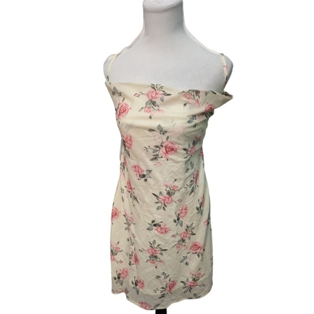 Reverse Floral Cowl Neck‎ Mini Dress Pink Rose Open Tie Back Cream Slip Dress